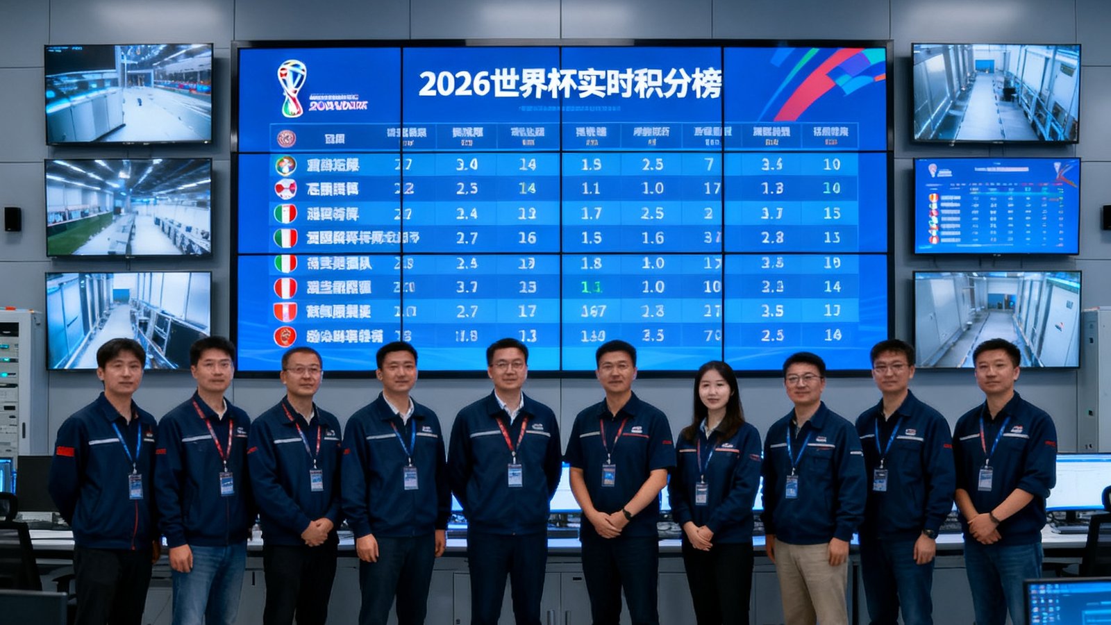 世界杯积分榜2026核心团队在数据中心合影,墙上大屏显示实时积分